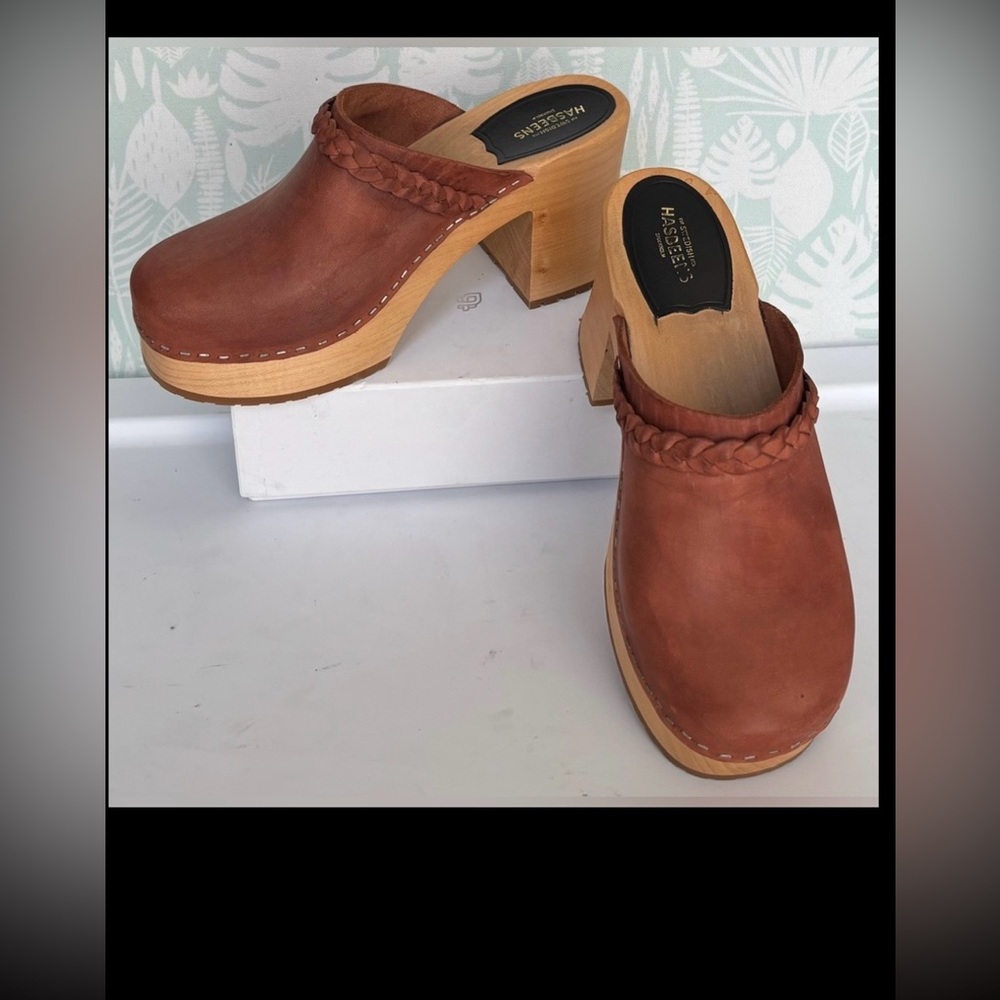 Swedish Hasbeens Laila Leather Platform Clogs Heeled Cognac EU Size 41 = US 11